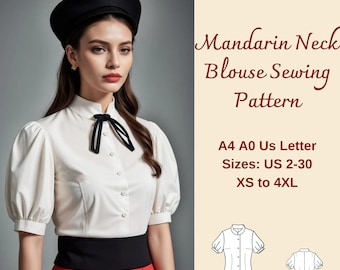 Cartamodello per camicetta stile cottagecore con scollo alla coreana, camicetta vintage retrò, camicetta vintage anni '50, cartamodello per camicetta da donna con bottoni, taglie XS-4XL