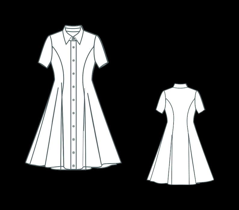 May include: A white button-down dress with short sleeves and a flared skirt. The dress is shown from the front and back.