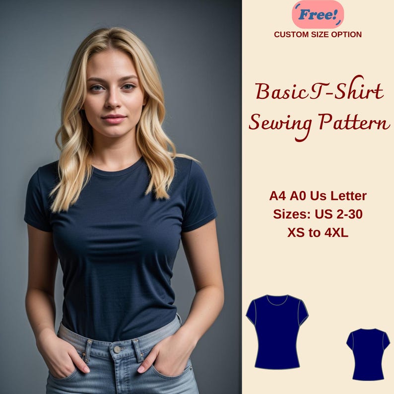 Simple T-Shirt Sewing Pattern, Short Sleeve Fitted T-Shirt, Basic T-Shirt for Women, Easy T-shirt Pattern, Summer T-Shirt Pattern,  XS-4XL