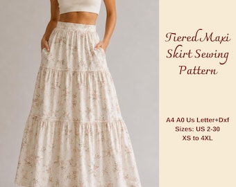 Tiered Maxi Summer Skirt Sewing Pattern, Cottagecore Skirt,  Elastic Waist, XS-4XL