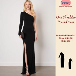 Patrón de costura para vestido de fiesta largo de un solo hombro, patrón de vestido de fiesta, vestido ajustado, vestido acanalado, vestido con abertura, escote asimétrico, tallas XS-4XL