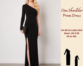 One Shoulder Maxi Prom Dress Sewing Pattern, Prom Dress Pattern, Bodycon Dress, Ribbed Dress, Slit Dress, Asymmetrical Neckline, XS-4XL