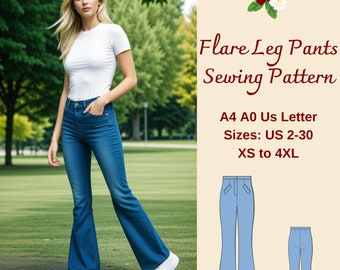 Flare Leg Summer Pants Sewing Pattern, Flare Leg Jeans, Wide Leg Pants Pattern, Retro Trousers, Summer Jeans, XS-4XL, A4 A0, US 2 -30