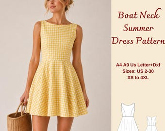 Boat Neck Mini Summer Dress Sewing Pattern, Women Gingham Sundress, O-Neck, Circle Skirt, XS-4XL