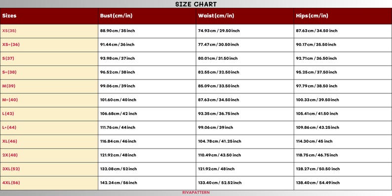 May include: Size chart with measurements in inches and centimeters for bust, waist, and hips. Sizes range from XS (36) to 4XL (56), with corresponding measurements like 35 inches (88.90 cm) bust and 29.50 inches (74.93 cm) waist.