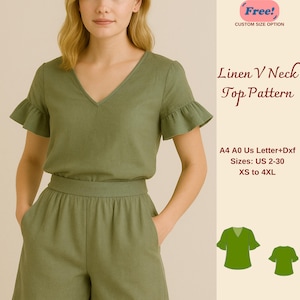 May include: A woman wearing a green linen V-neck top with ruffled sleeves and matching shorts. The top pattern is available in sizes US 2-30 and XS to 4XL. The image also includes the text "Free! Custom Size Option."