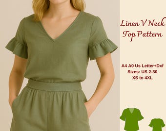 V-hals linnen tanktop naaipatroon, vrouwen naaipatroon, blousepatroon, blouse vrouwen flare mouwen, blousepatroon dames, oversized linnen shirt, XS-4XL