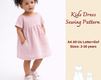Kids Linen Dress Sewing Pattern, Toddler Dress, Sizes 2-16 Years