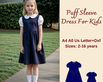 Girls Peter Pan Collar Dress Sewing Pattern, Puff Sleeve (A4 A0 US DXF)