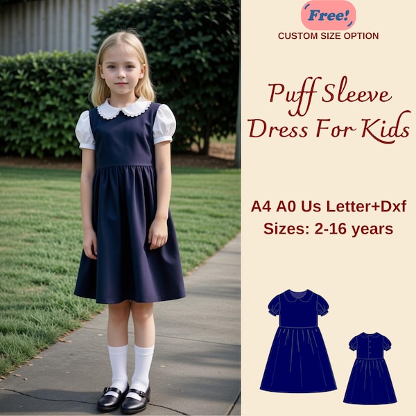 Kid's Peter Pan Collar Gathered Dress Sewing Pattern, Puff Sleeve Girl Dress Pattern, Girl's Dress Sewing Pattern, A4 A0 US DXF, 2-16 years
