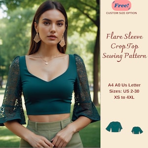 Może przedstawiać: Wzór szycia na zielony top typu crop z rozkloszowanymi rękawami. Wzór obejmuje rozmiary US 2-30, XS do 4XL. Wzór jest dostępny w formatach A4, A0 i US Letter.