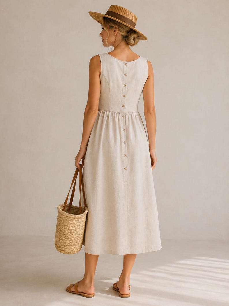 May include: A sleeveless beige midi dress featuring a vertical row of buttons down the back, paired with a straw hat with a brown band and a woven straw bucket bag. The dress has a fitted bodice and a gathered skirt, worn with brown sandals.