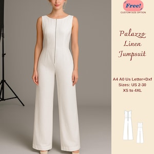 Könnte beinhalten: Ärmelloser, weißer Leinen-Jumpsuit mit Reißverschluss vorne. Der Jumpsuit hat weite Beine und einen runden Ausschnitt. Auf der rechten Seite steht "Palazzo Linen Jumpsuit" und "Größen: US 2-30 XS bis 4XL".