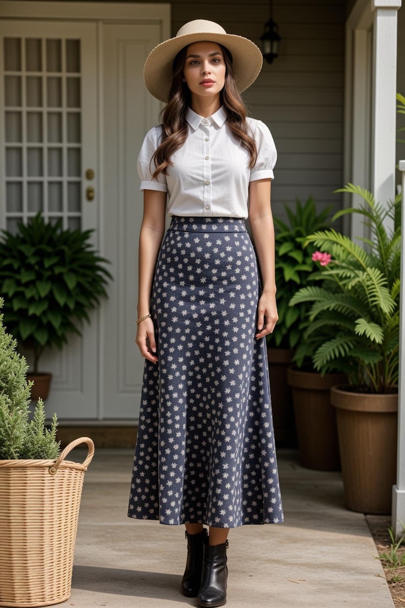 May include: A woman wearing a white button-down shirt with a blue and white floral print skirt and a straw hat. She is standing in front of a house with a wooden door.