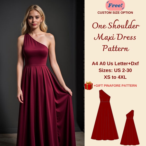 One Shoulder Maxi Dress Sewing Pattern, Evening Gown, Cocktail Dress, Ball Gown, Evening Dress, Prom Dress Pattern, Circle Dress, XS-4XL