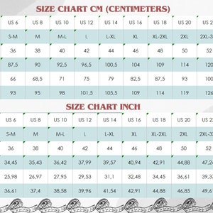 May include: A comprehensive size chart table displaying measurements in both centimeters and inches. The chart includes rows for US sizes, international sizes, European sizes, and bust, waist, and hip circumferences ranging from US 2 to US 30.