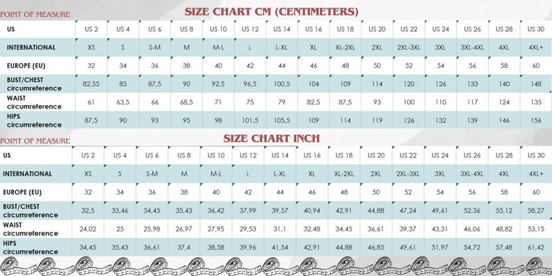 May include: A comprehensive size chart table displaying measurements in both centimeters and inches. The chart includes rows for US sizes, international sizes, European sizes, and bust, waist, and hip circumferences ranging from US 2 to US 30.