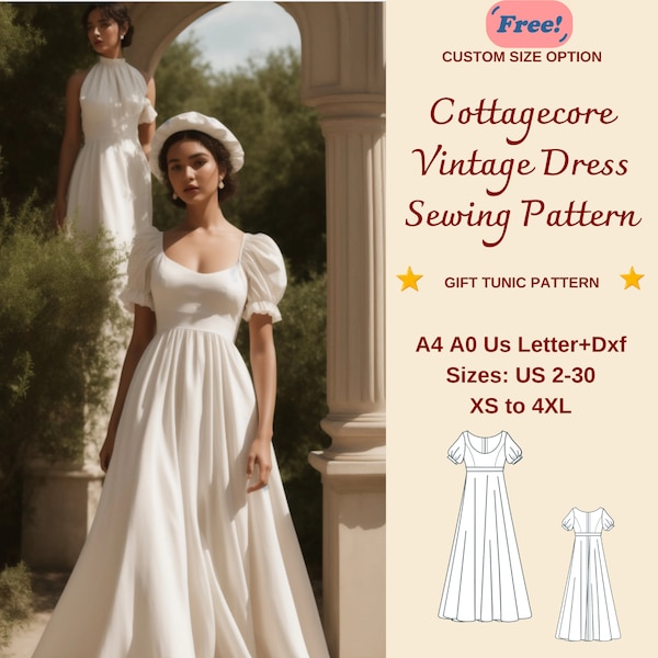 Fairy Cottagecore Dress Pattern,Renaissance,Regency,Maxi Dress,Prom Dress, A0-A4-Letter Sizes; US 2 to 30, XS-4XL