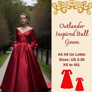 May include: A red ball gown sewing pattern inspired by the Outlander TV series. The pattern is available in sizes US 2-30 and XS to 4XL. The pattern is printed on A4, A0, and US Letter paper.