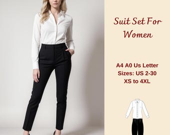 Women's Suit Set Sewing Pattern: Slim Fit Shirt & Pants (XS-4XL) (PDF Pattern)