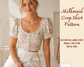 Milkmaid Crop Shirt Sewing Pattern, Floral Summer Top, Women Blouse Pattern, Puff Sleeve, XS-4XL