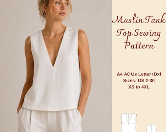 V Neck Muslin Tank Top Sewing Pattern, Loose Fit Muslin Blouse, Women's Summer Shirt, XS-4XL