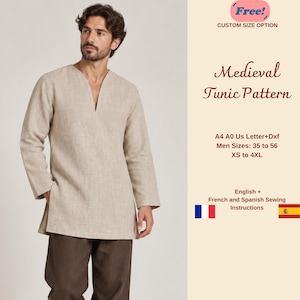 Peut inclure: Une tunique beige à manches longues avec une encolure en V. Le texte à droite indique : Free! CUSTOM SIZE OPTION, Medieval Tunic Pattern, A4 A0 Us Letter+Dxf, Men Sizes: 35 to 56, XS to 4XL, English + French and Spanish Sewing Instructions.