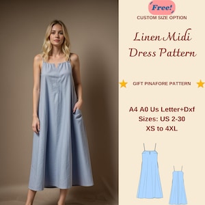 Puede incluir: Un patrón de costura digital para un vestido midi de lino. El patrón incluye las tallas US 2-30, XS a 4XL. El patrón está disponible en tamaños A4, A0 y US Letter, así como en formato DXF. El patrón incluye un patrón de delantal gratuito.