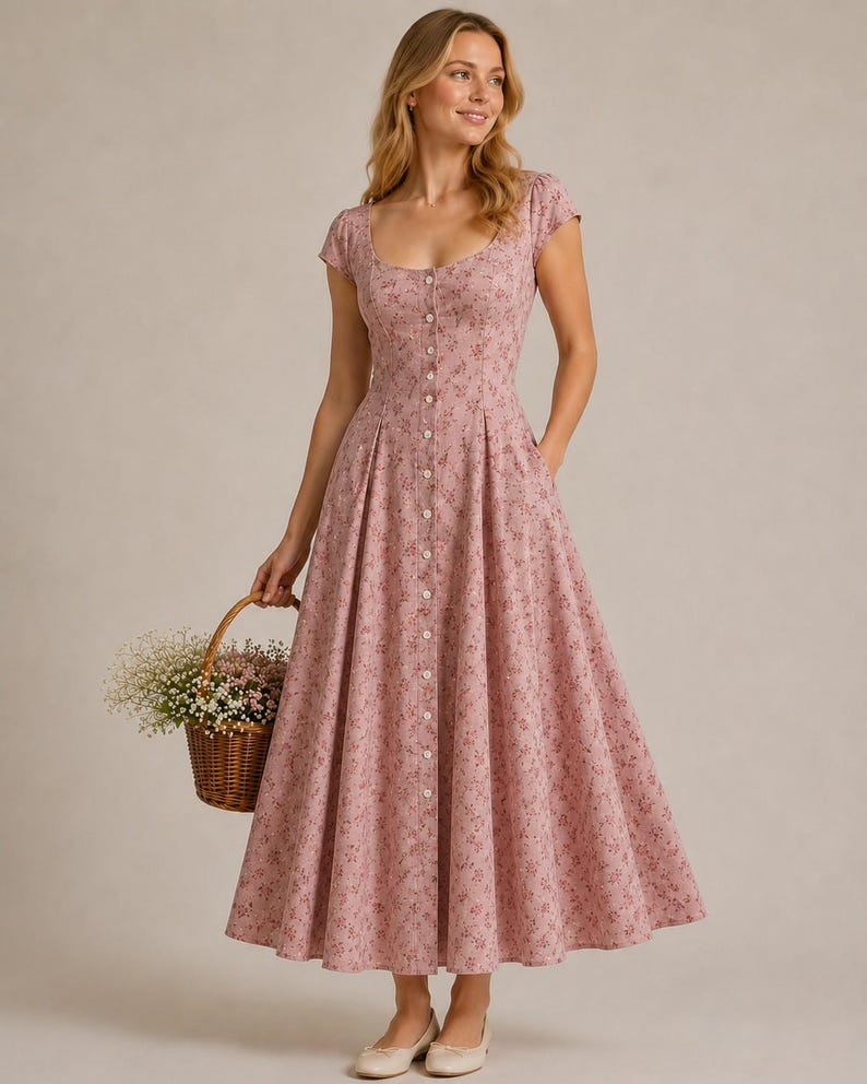 K&ouml;nnte beinhalten: Ein altrosa Midikleid mit kleinem Blumenmuster, einem weiten Ausschnitt, kurzen &Auml;rmeln und einem ausgestellten Rock mit durchgehender Knopfleiste auf der Vorderseite. Das Kleid verf&uuml;gt &uuml;ber seitliche Eingrifftaschen und ein k&ouml;rpernahes Oberteil.