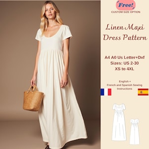 Short Sleeve Linen Maxi Dress, Linen Gathered Summer Dress Sewing Pattern, Empire Waist, Sundress Pattern, Milkmaid Dress, XS-4XL