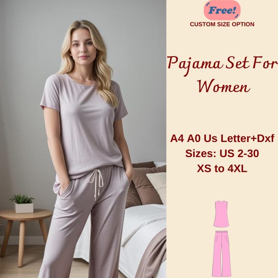 Women's Pajama Set Sewing Pattern: Tunic Top & Wide Leg Trousers (PDF Pattern, XS-4XL)