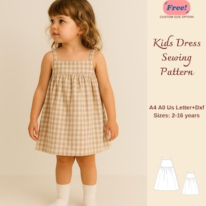 Könnte beinhalten: Ein junges Kind trägt ein kariertes Kleid in Beige und Weiß mit dünnen Trägern. Das Bild enthält den Text "Kids Dress Sewing Pattern" und "Sizes: 2-16 years". Das Kleid hat ein schlichtes Design.