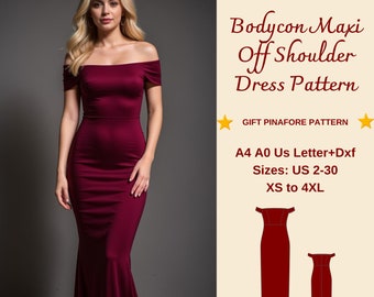 Bodycon Maxi Evening Dress Sewing Pattern, Off Shoulder Dress, Prom Dress, Graduation Dress, Maxi Dress, Evening Gown, XS-4XL