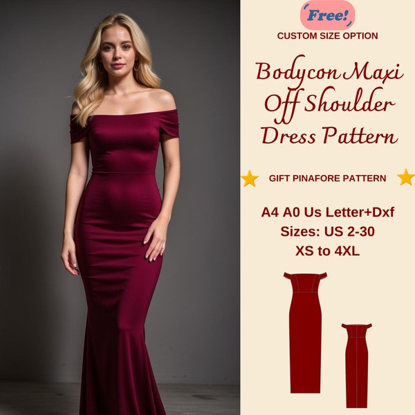 Bodycon Maxi Evening Dress Sewing Pattern, Off Shoulder Dress, Prom Dress, Graduation Dress, Maxi Dress, Evening Gown, XS-4XL