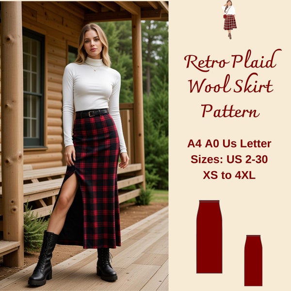 Plaid Wool Skirt Sewing Pattern, Cottagecore Skirt, Vintage Plaid Skirt Pattern, Retro College Skirt, Elastic Waist Skirt, XS-4XL, A4 A0