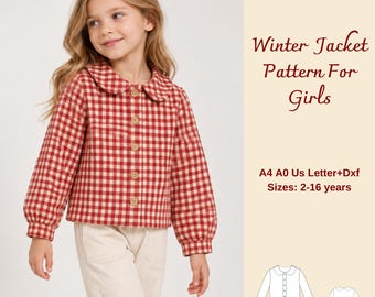 Kids Winter Jacket Sewing Pattern, Peter Pan Collar Gingham Jacket for Girls, 2-16 years
