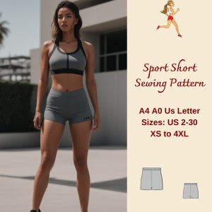 Op de afbeelding: Een naaipatroon voor sport shorts in maten US 2-30, XS tot 4XL. Het patroon is verkrijgbaar in A4, A0 en US Letter formaten. De afbeelding toont een vrouw die een grijze sportbeha en grijze shorts draagt, met een lijntekening van een rennende vrouw in de rechterbovenhoek.