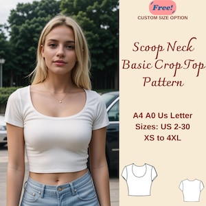 May include: A white scoop neck crop top sewing pattern. The pattern includes sizes US 2-30, XS to 4XL. The pattern is available in A4, A0, and US Letter sizes. The pattern is free with a custom size option.
