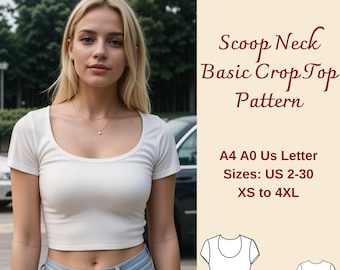 Simple Scoop Neck Crop Top Sewing Pattern: Knitwear, XS-4XL (PDF Pattern)