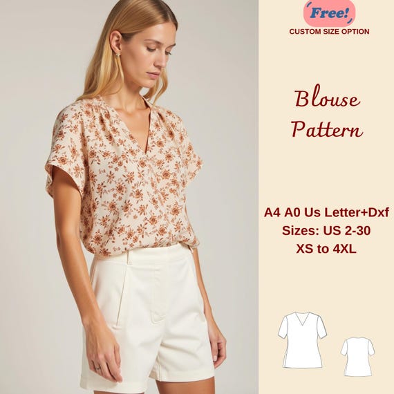V Neck Top Sewing Pattern, Women Relaxed Fit Blouse Pattern, XS-4XL