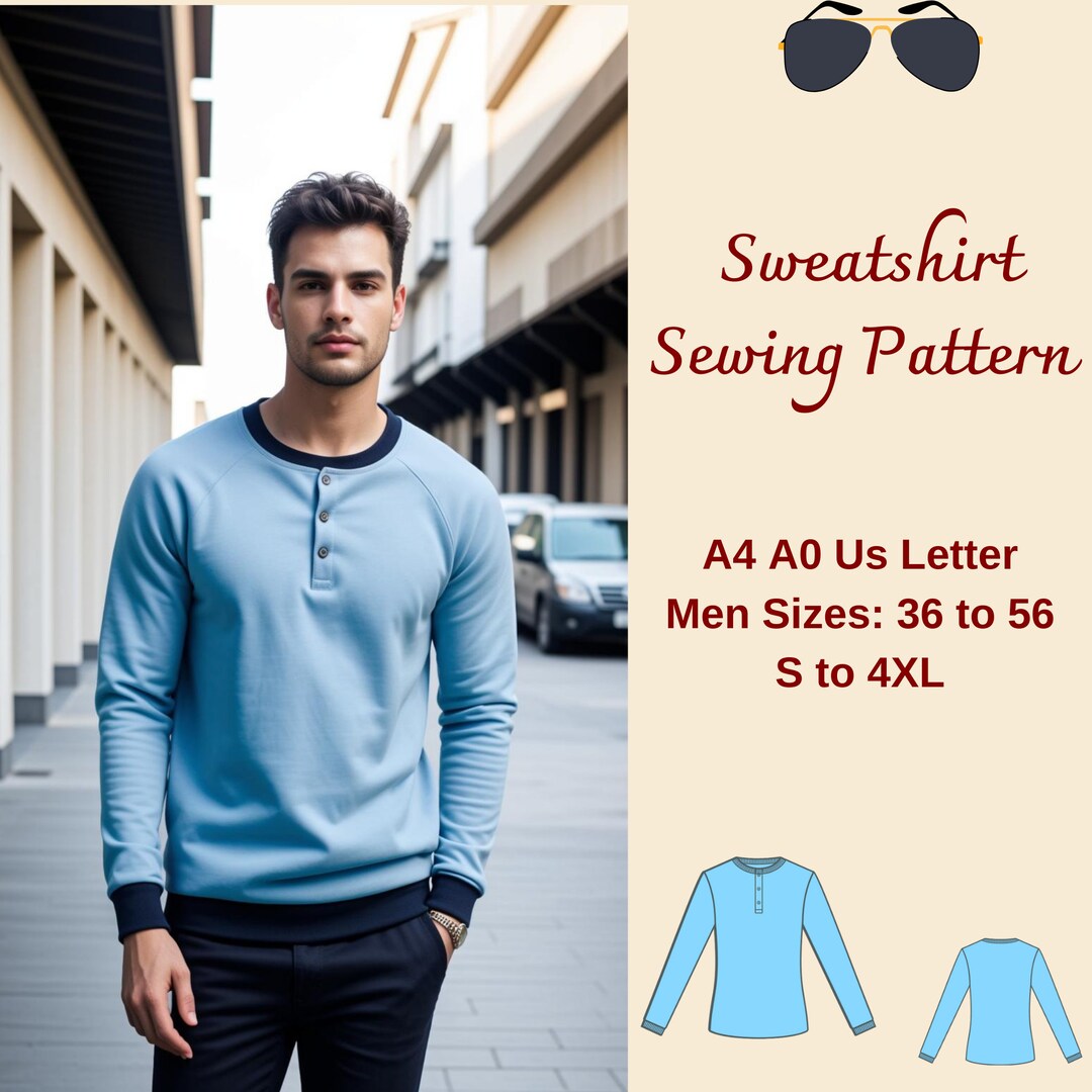 Slim Fit Men's Sweatshirt Sewing Pattern, Shirt Pattern for Men, Mens