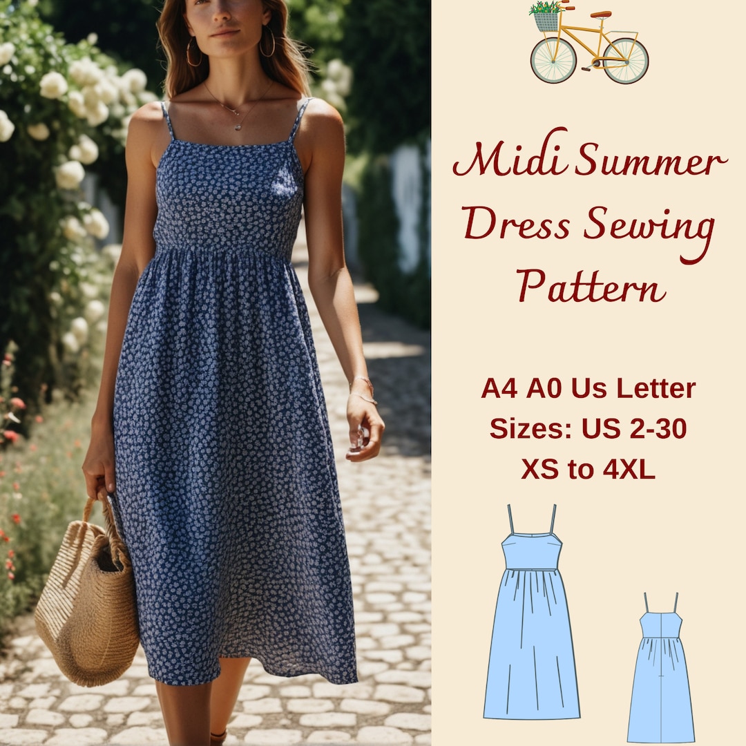 Gathered Midi Summer Dress Sewing Pattern, Sundress Pattern, Milkmaid ...