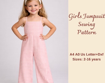 Girls Wide Leg Jumpsuit Sewing Pattern, Kids Overalls, sizes 2-16 years
