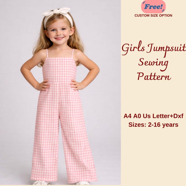 Girls Wide Leg Jumpsuit Sewing Pattern, Kids Overalls, sizes 2-16 years