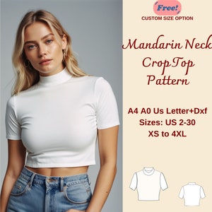 Op de afbeelding: Een wit crop top naaipatroon met een mandarijnkraag. Het patroon omvat maten US 2-30, XS tot 4XL. Het patroon is beschikbaar in A4, A0, US Letter en DXF formaten. Gratis optie voor aangepaste maat.