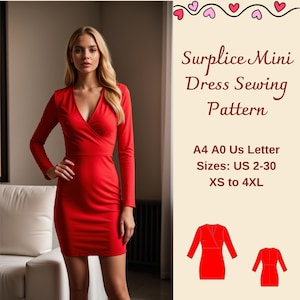 Op de afbeelding: Een rood surplice mini-jurk naaipatroon in maten US 2-30 (XS tot 4XL). Het patroon is beschikbaar in A4, A0 en US Letter formaten. De afbeelding toont een vrouw die de jurk draagt en twee illustraties van de jurk.