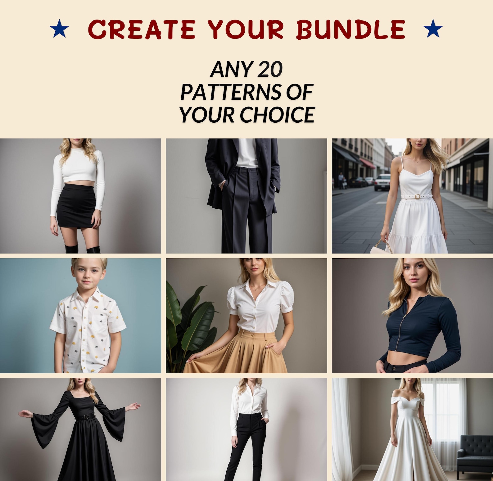 Beginner Sewing Patterns Bundle, Simple Dress, Skirt, Top, Women, Kids ...