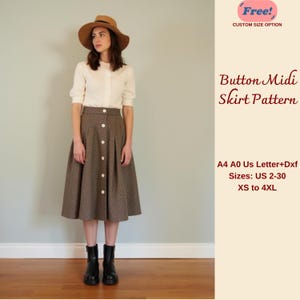 May include: A brown midi skirt with a button front and a white blouse. The skirt has a pattern of small brown and white dots. The model is wearing a brown hat. The text on the image reads "Free! Custom Size Option", "Button Midi Skirt Pattern", "A4 A0 Us Letter+Dxf", "Sizes: US 2-30", and "XS to 4XL".