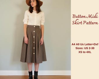 Button Midi Skirt Sewing Pattern, Vintage Retro Style (PDF)