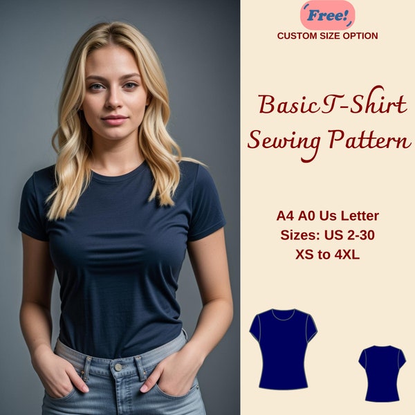 Simple T-Shirt Sewing Pattern, Short Sleeve Fitted T-Shirt, Basic T-Shirt for Women, Easy T-shirt Pattern, Summer T-Shirt Pattern,  XS-4XL